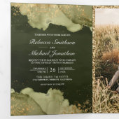 Invitation Trois Volets Mariage Code QR Encre Abstraite Vert Sage Doré (Intérieur en premier)
