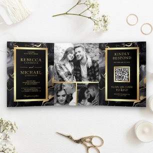 Invitation Trois Volets Mariage Code QR Encre Fluide Or Noir