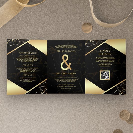 Invitation Trois Volets Mariage Code QR Esperluette Marbre Or Noir