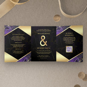 Invitation Trois Volets Mariage Code QR Esperluette Marbre Or Pourpre Roya