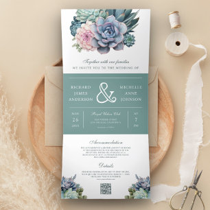 Invitation Trois Volets Mariage Code QR Esperluette Succulente Pastel