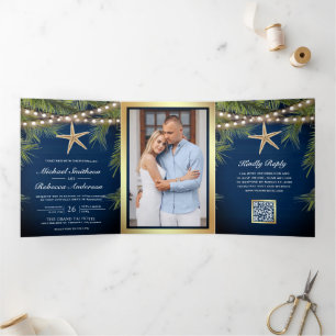 Invitation Trois Volets Mariage Code QR Étoile de Mer Feuilles de Palmier 