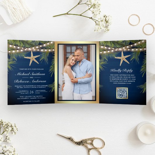 Invitation Trois Volets Mariage Code QR Étoile de Mer Feuilles de Palmier