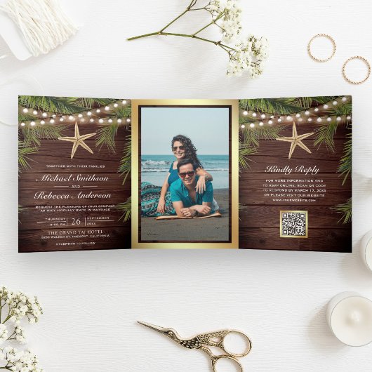 Invitation Trois Volets Mariage Code QR étoile de mer feuilles de palmier