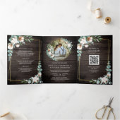 Invitation Trois Volets Mariage Code QR Eucalyptus Coton Or Bois Rustique (Intérieur)