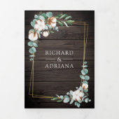 Invitation Trois Volets Mariage Code QR Eucalyptus Coton Or Bois Rustique (Page de couverture)