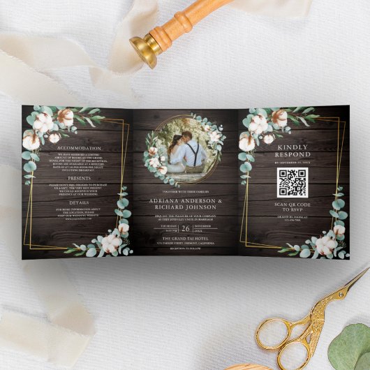 Invitation Trois Volets Mariage Code QR Eucalyptus Coton Or Bois Rustique