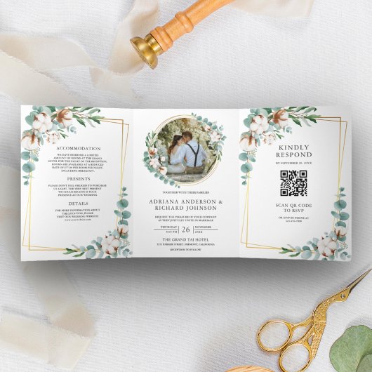 Invitation Trois Volets Mariage Code QR Eucalyptus Coton Or Rustique