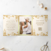 Invitation Trois Volets Mariage Code QR Feuilles Florales Crème Or (Intérieur)
