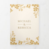 Invitation Trois Volets Mariage Code QR Feuilles Florales Crème Or (Page de couverture)