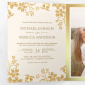 Invitation Trois Volets Mariage Code QR Feuilles Florales Crème Or (Intérieur en premier)