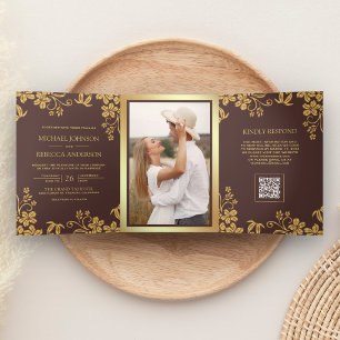 Invitation Trois Volets Mariage Code QR Feuilles Florales Or Brun Espresso
