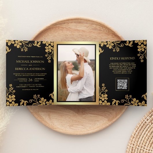 Invitation Trois Volets Mariage Code QR Feuilles Florales Or Noir