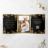 Invitation Trois Volets Mariage Code QR Feuilles Florales Or Noir (Intérieur)