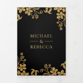 Invitation Trois Volets Mariage Code QR Feuilles Florales Or Noir (Page de couverture)