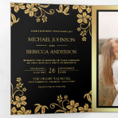 Invitation Trois Volets Mariage Code QR Feuilles Florales Or Noir (Intérieur en premier)