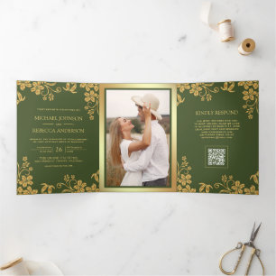 Invitation Trois Volets Mariage Code QR Feuilles Florales Or Vert Olive