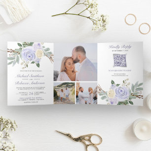 Invitation Trois Volets Mariage Code QR Fleur Floral Violet Poussiéreux Co