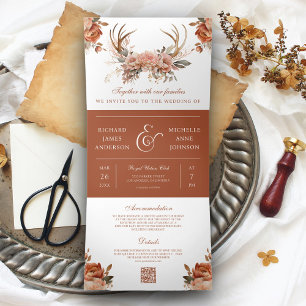 Invitation Trois Volets Mariage Code QR Fleurs de Terracotta Terreuse Bois