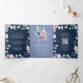 Invitation Trois Volets Mariage Code QR Fleurs Rose Pervenche Poussiéreuse (Intérieur)