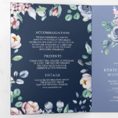 Invitation Trois Volets Mariage Code QR Fleurs Rose Pervenche Poussiéreuse (Intérieur en premier)