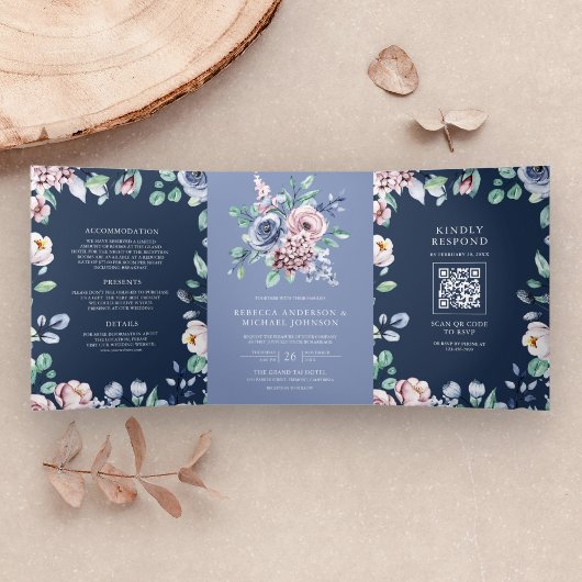 Invitation Trois Volets Mariage Code QR Fleurs Rose Pervenche Poussiéreuse