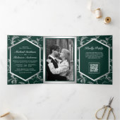 Invitation Trois Volets Mariage Code QR Floraison Argent Vert Emeraude (Intérieur)