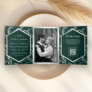 Invitation Trois Volets Mariage Code QR Floraison Argent Vert Emeraude