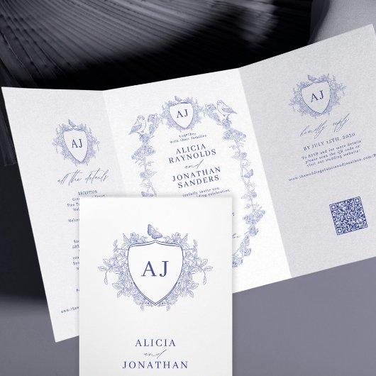 Invitation Trois Volets Mariage code QR floral bleu classique français