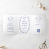 Invitation Trois Volets Mariage code QR floral bleu classique français (Intérieur)
