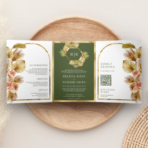 Invitation Trois Volets Mariage Code QR Floral Bohème Terreux Vert Olive