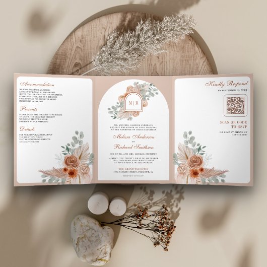 Invitation Trois Volets Mariage code QR Floral Boho Terracotta Pampas