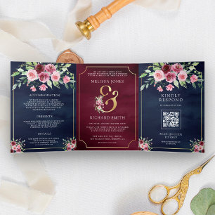 Invitation Trois Volets Mariage Code QR Floral Esperluette Rose Marsala Na