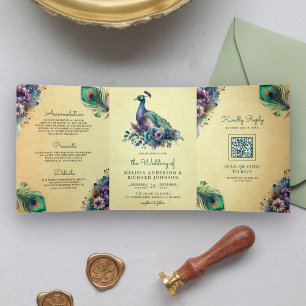 Invitation Trois Volets Mariage Code QR Floral Feather Paon Vintage