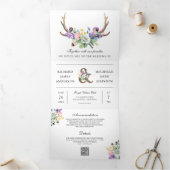 Invitation Trois Volets Mariage Code QR Floral Fleur de Boho Cerf (Intérieur)