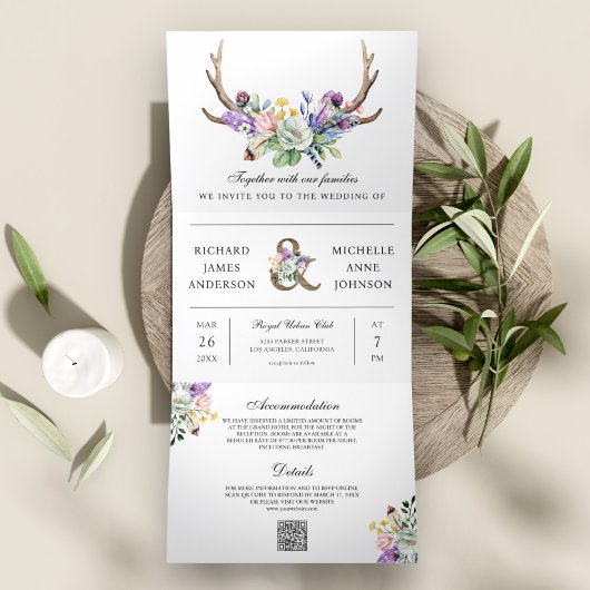 Invitation Trois Volets Mariage Code QR Floral Fleur de Boho Cerf