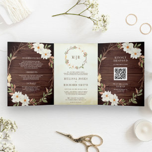 Invitation Trois Volets Mariage Code QR Floral Magnolia Bois de Grange Rus