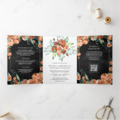 Invitation Trois Volets Mariage Code QR Floral Orange Brûlé Noir (Intérieur)