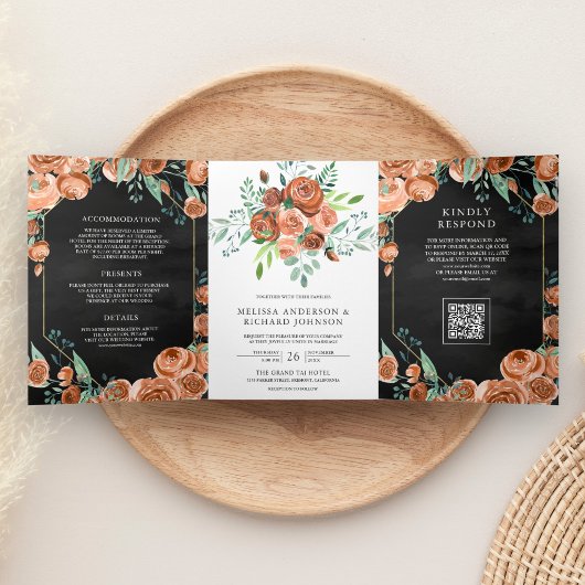 Invitation Trois Volets Mariage Code QR Floral Orange Brûlé Noir