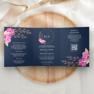 Invitation Trois Volets Mariage Code QR Floral Orchidée Rose Magenta Navy