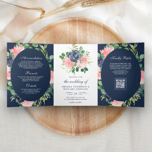 Invitation Trois Volets Mariage Code QR Floral Rose Pâle Bleu Nuit Foncé