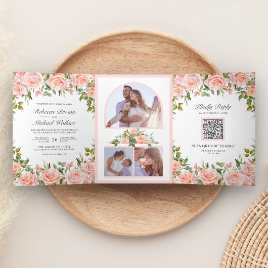 Invitation Trois Volets Mariage Code QR Floral Rose Pâle Rustique