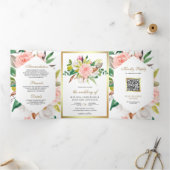 Invitation Trois Volets Mariage Code QR Floral Rose Pâle Rustique Or (Intérieur)