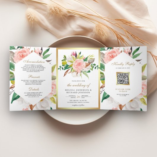 Invitation Trois Volets Mariage Code QR Floral Rose Pâle Rustique Or