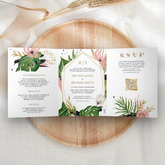 Invitation Trois Volets Mariage Code QR Floral Rose Tropical Or