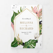Invitation Trois Volets Mariage Code QR Floral Rose Tropical Or (Page de couverture)