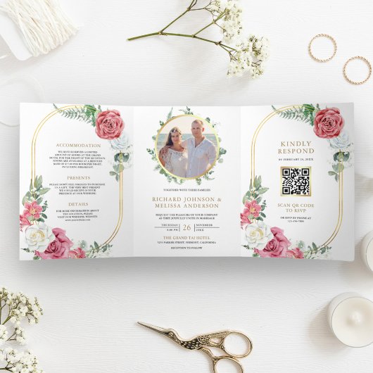 Invitation Trois Volets Mariage Code QR Floral Roses Fines Bohème Rustique