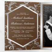 Invitation Trois Volets Mariage Code QR Flourish Argent Brun (Intérieur en premier)