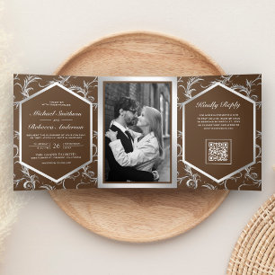 Invitation Trois Volets Mariage Code QR Flourish Argent Brun