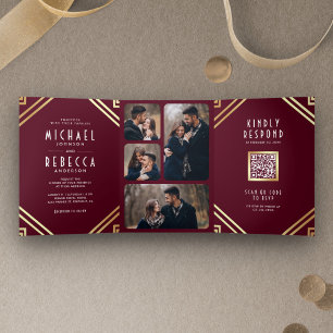 Invitation Trois Volets Mariage Code QR Géométrique Art Déco Bourgogne Or